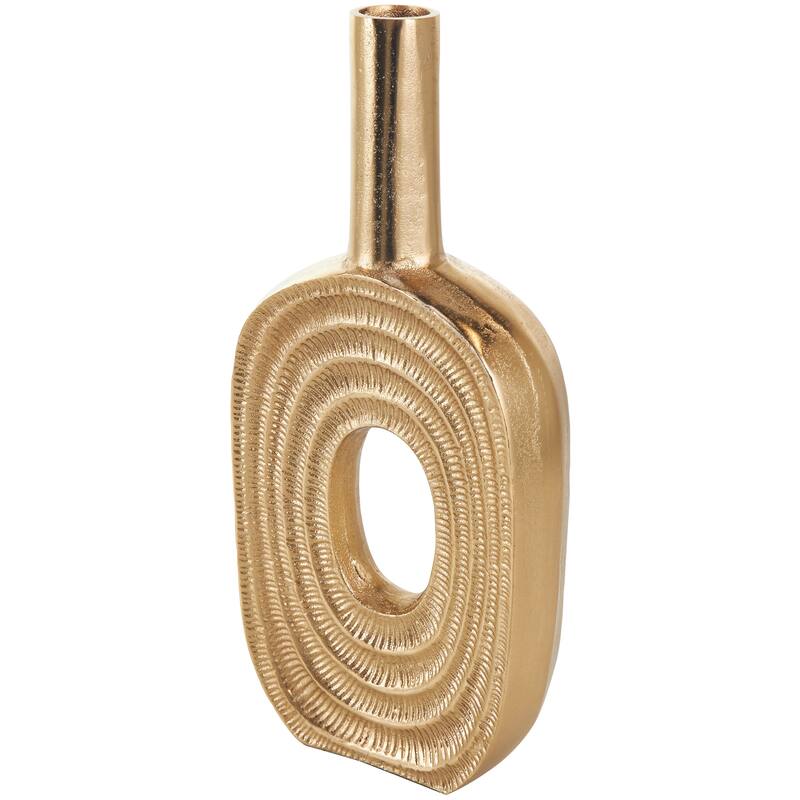 Gold Aluminum Metal Circular Geometric Vase with Linear Etchings