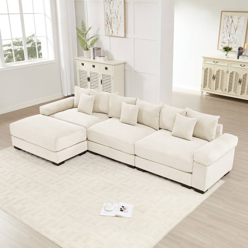 Oversized Corduroy Cloud Modular Sofa with Throw Pillows - Cream(3 Seat+1 Ottoman)