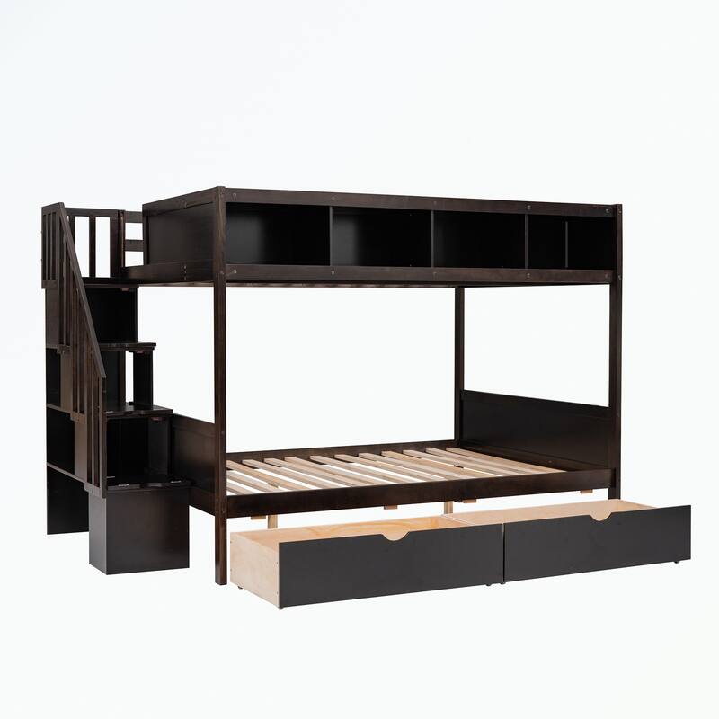 Twin over Full Bunk Bed with Shelfs, Storage Staircase and 2 Drawers