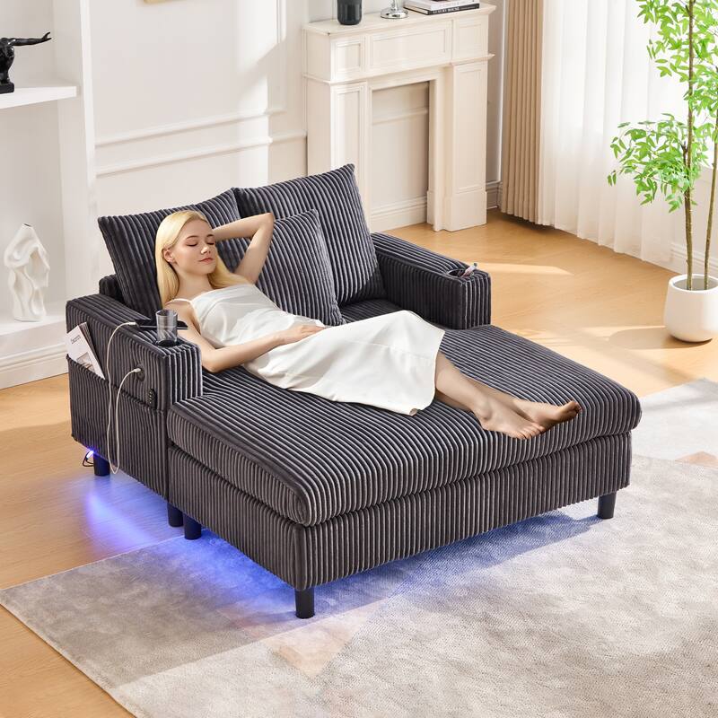 Corduroy Recliner Sofa - Oversized Deep Seat with USB, RGB Lights, Cup Holder & Side Pocket - Living Room, Bedroom