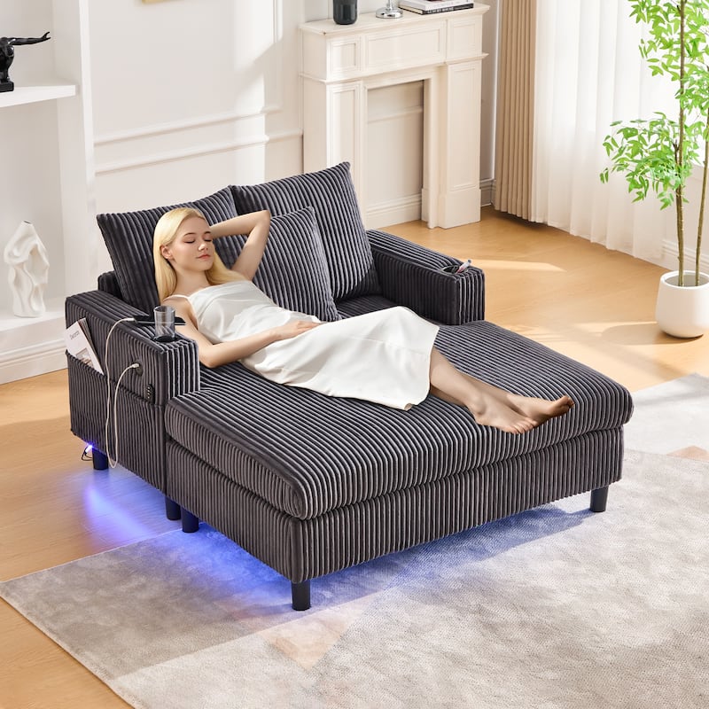 Recliner Sofa Loveseat with Chaise Lounge, Sleeper Sofa with USB & Type-C Charging Ports, Sofa Bed with Cup Holders - Dark Gray