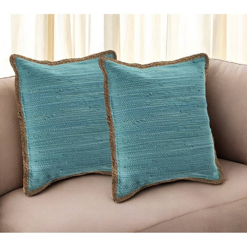 HomeRoots Set of Two 20" Turquoise Cotton And Jute Throw Pillows with Texture