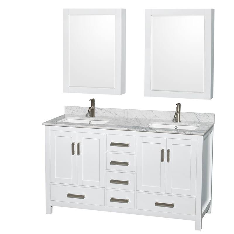 Wyndham Collection Sheffield Double Vanity Set, Medicine Cabinets - 60-Inch Double - White, White Carrara Marble Top, Chrome Trim