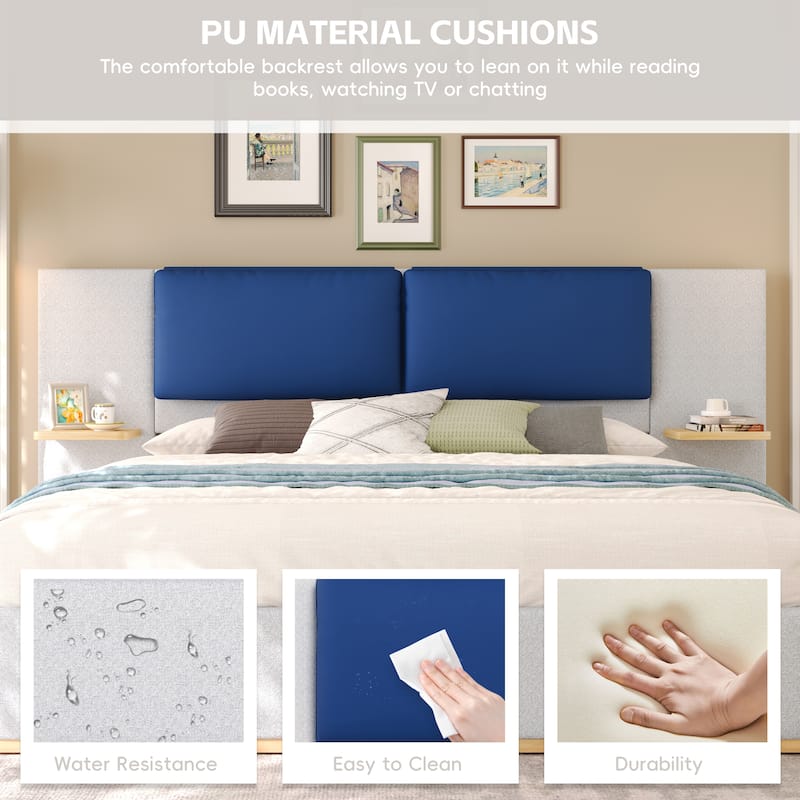 Roomfitters Queen Size Upholstered Platform Bed Frame, Modern Panel Headboard with Rounded Corners, Solid Wood Slats