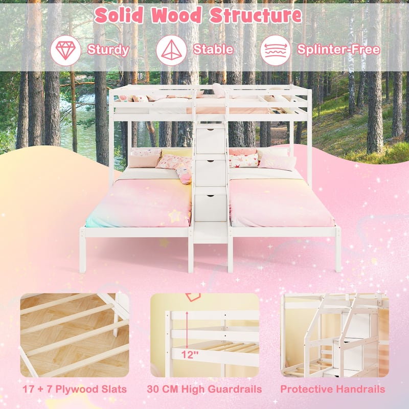 Bunk Bed for 3 Kids, Twin Over Twin with Storage Staircase and Safety Guardrails
