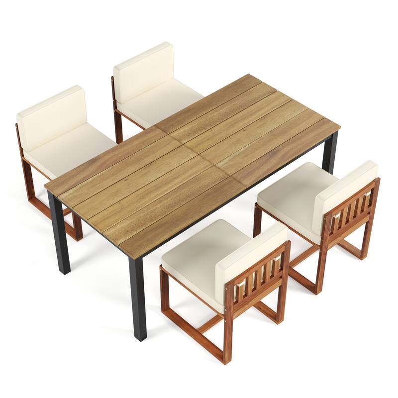 Roomfitters Patio Dining Set with Table and 4 Chairs, Outdoor Furniture for Garden or Balcony, Teak+ Beige - Teak+ Beige