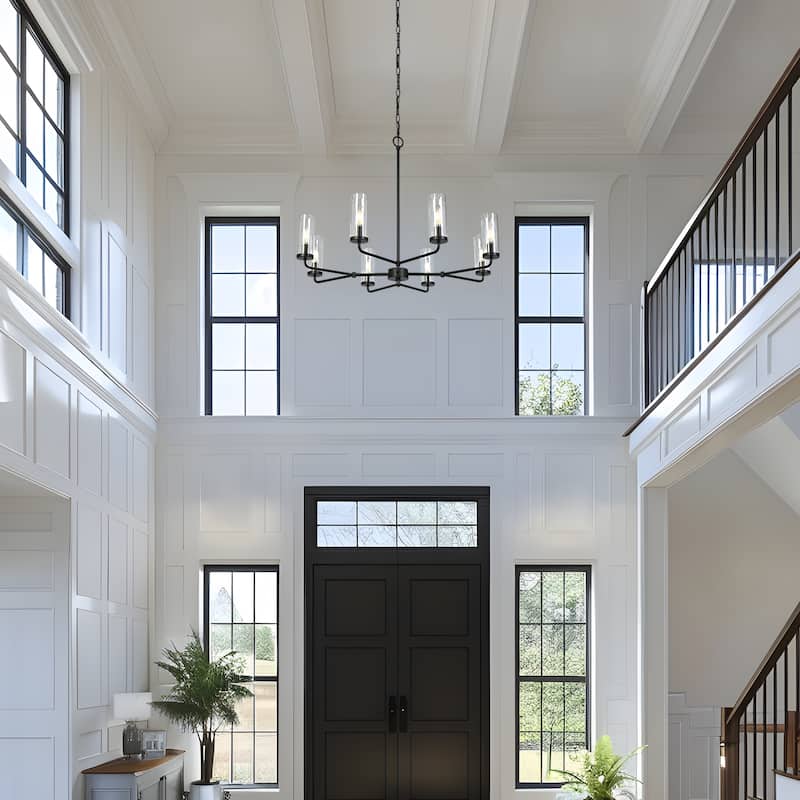 Modern Farmhouse 8-Light Black Wheel Chandelier with Glass Shade for Dining Living Room - D 31.5" x H 24"