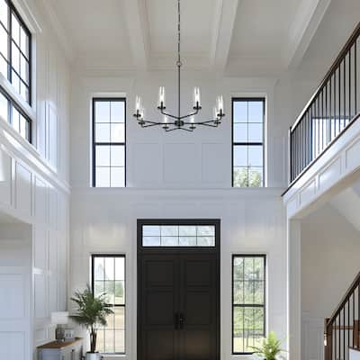 Modern Farmhouse 8-Light Black Wheel Chandelier with Glass Shade for Dining Living Room - D 31.5" x H 24"