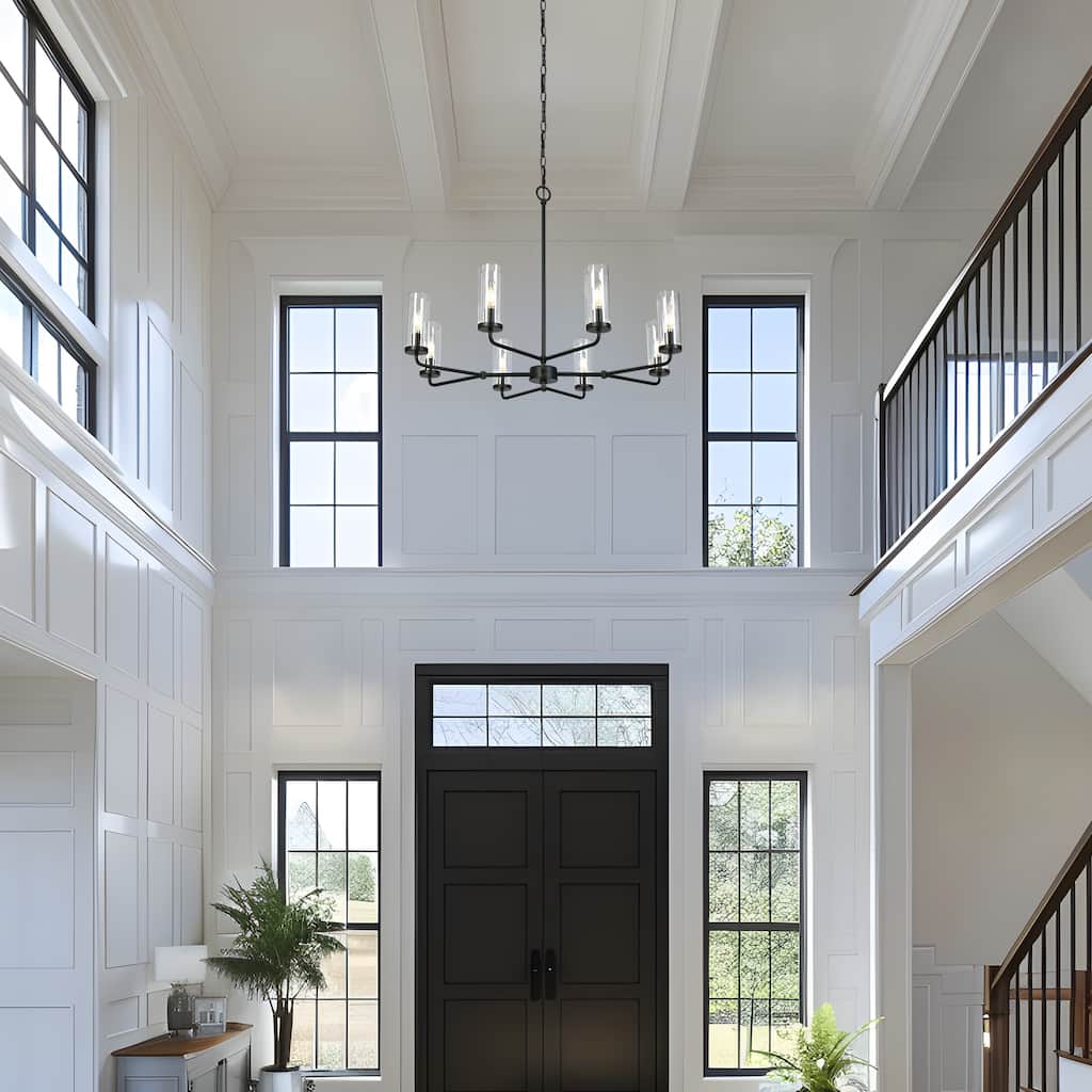 Modern Farmhouse 8-Light Black Wheel Chandelier with Glass Shade for Dining Living Room - D 31.5" x H 24"