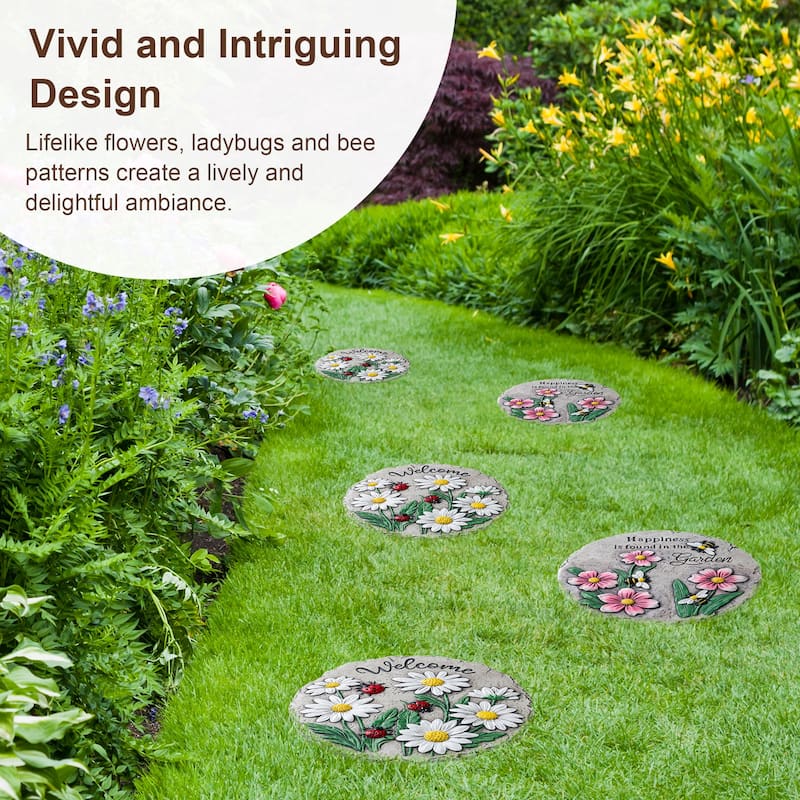 Glitzhome 4-Piece Cement Flower Textured Stepping Stones Garden Decor - 10 in