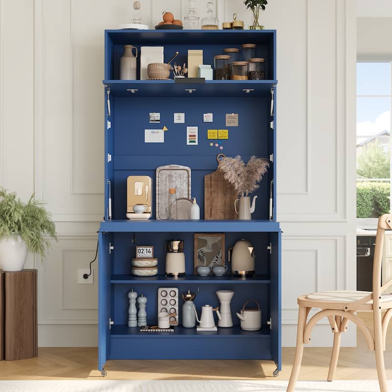 69" Kitchen Pantry Buffet with Hutch, Foldable Workstation & Power Outlet