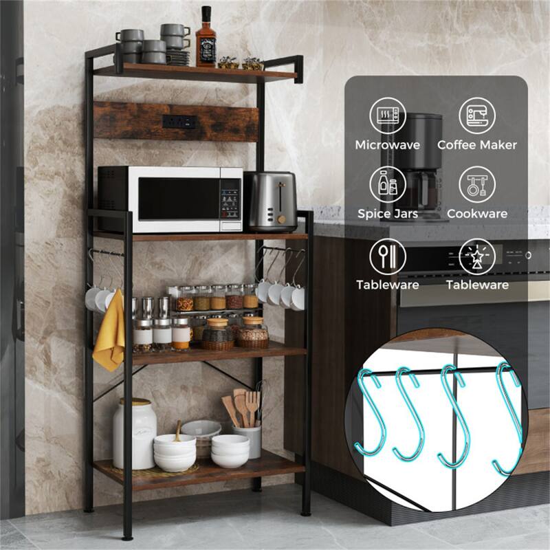 4-Tier Rustic Brown Kitchen Bakers Rack with Built-in Charging Station and Hooks Safety Rails - 23" × 13" × 54" (L x W x H)