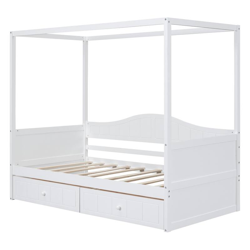 White Twin Size Canopy Day Bed with 2 Drawers and Built-in Backrest