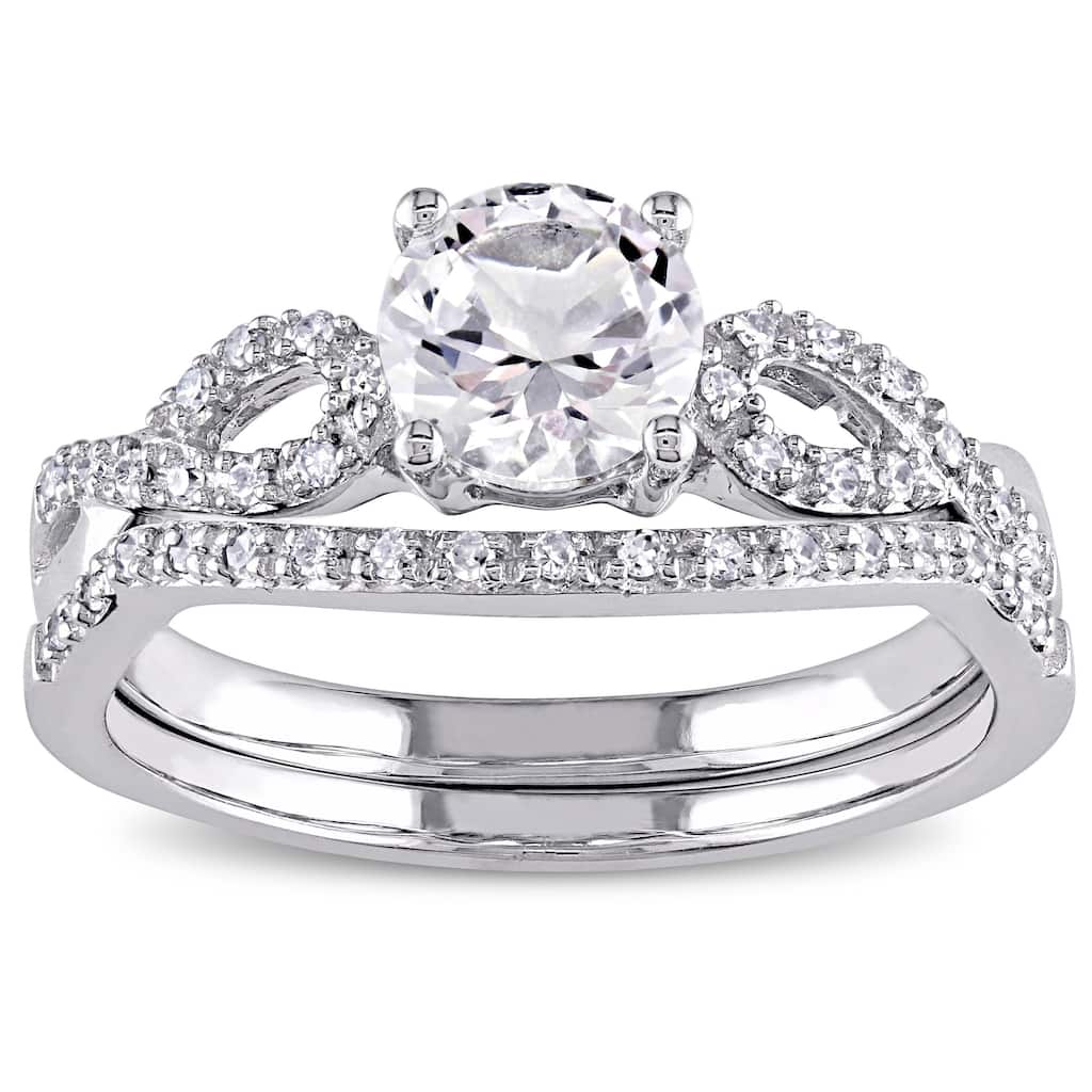 Miadora 10k White Gold Created White Sapphire and 1/6ct TDW Diamond Bridal Set