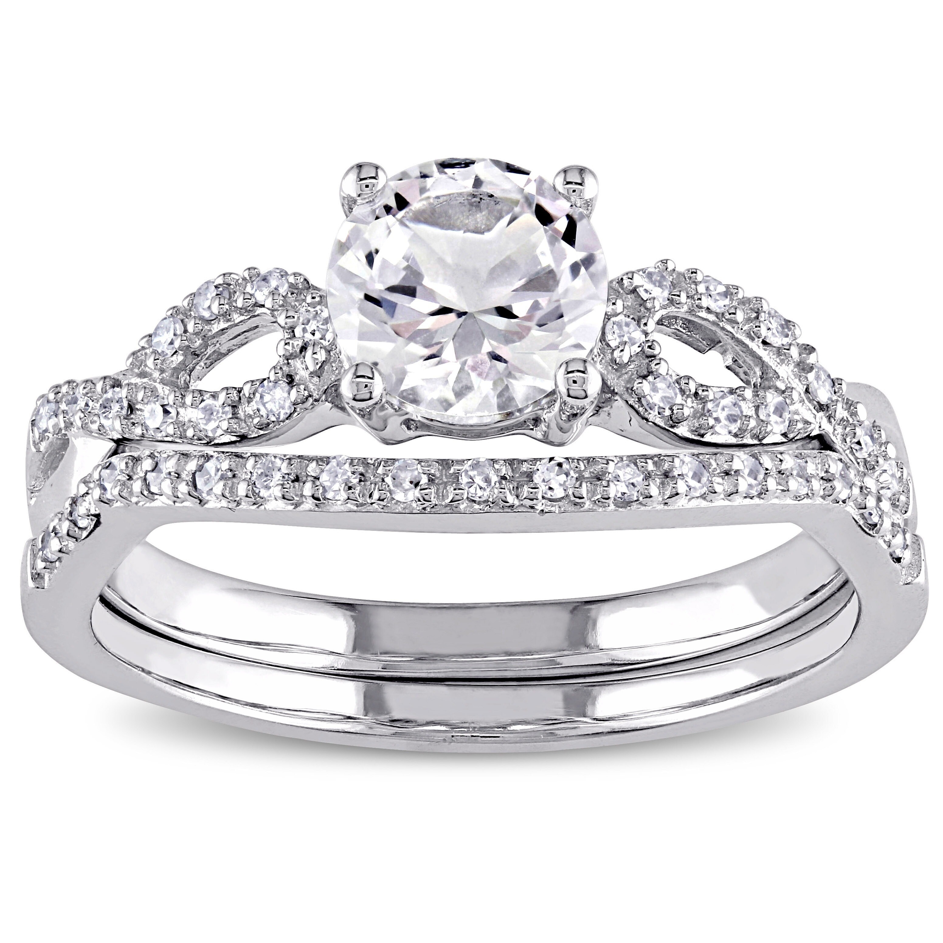 Miadora 10k White Gold Created White Sapphire and 1/6ct TDW Diamond Bridal Set