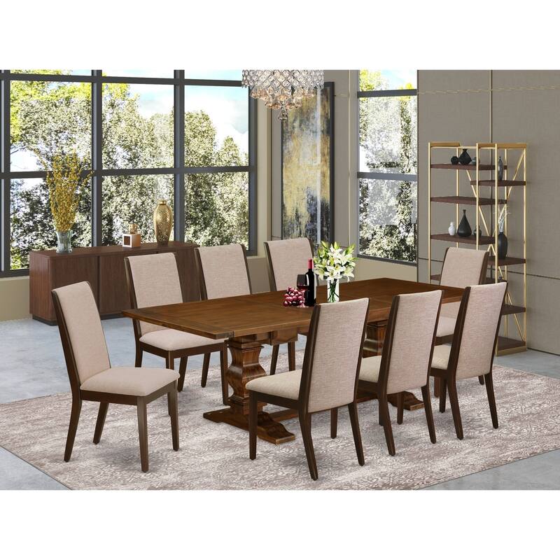 9-Piece Kitchen Dining Set with Linen Accent Chairs - Antique Walnut & Mahogany Finish Table & Chairs