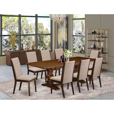 9-Piece Kitchen Dining Set with Linen Accent Chairs - Antique Walnut & Mahogany Finish Table & Chairs