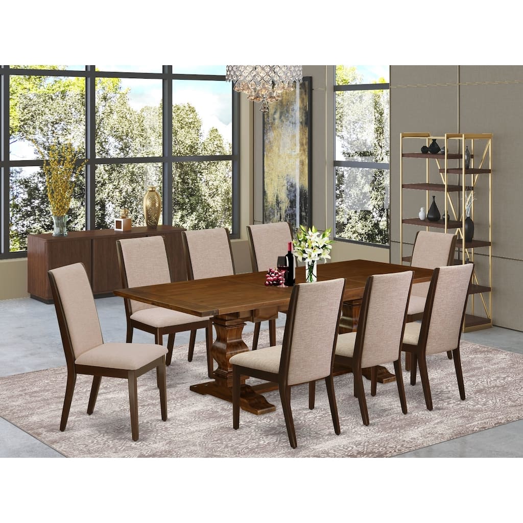 9-Piece Kitchen Dining Set with Linen Accent Chairs - Antique Walnut & Mahogany Finish Table & Chairs