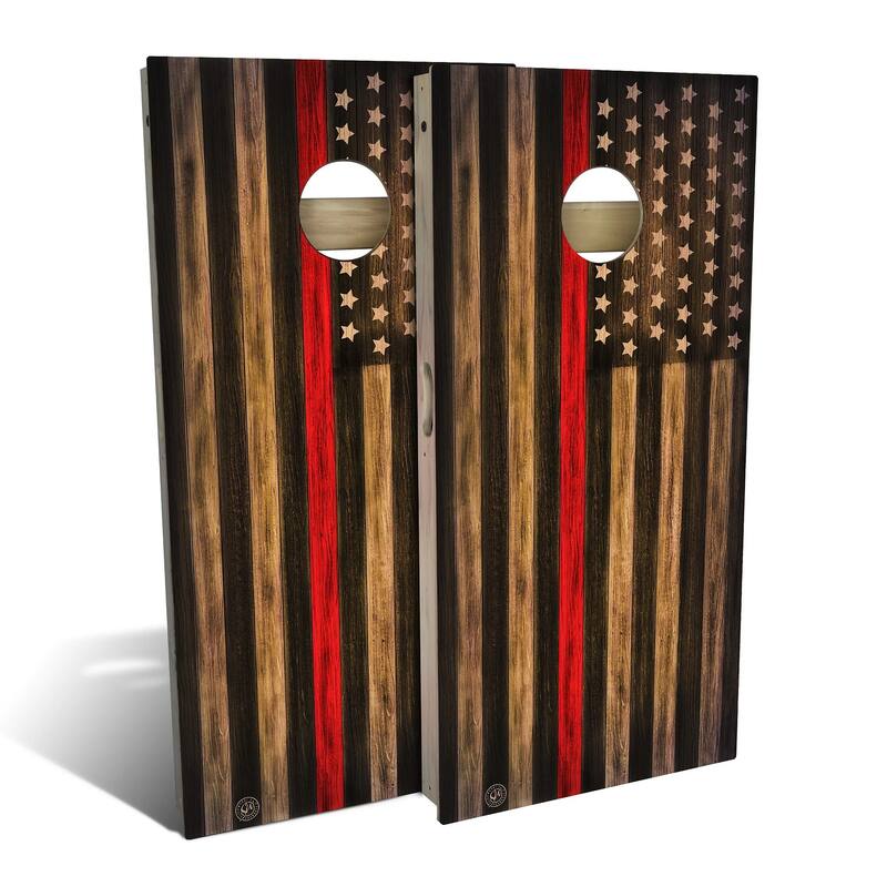 Charred Firefighter Thin Red Line Outdoor Cornhole Board Set - Backyard 2x4 - Include Case + Hole Lights