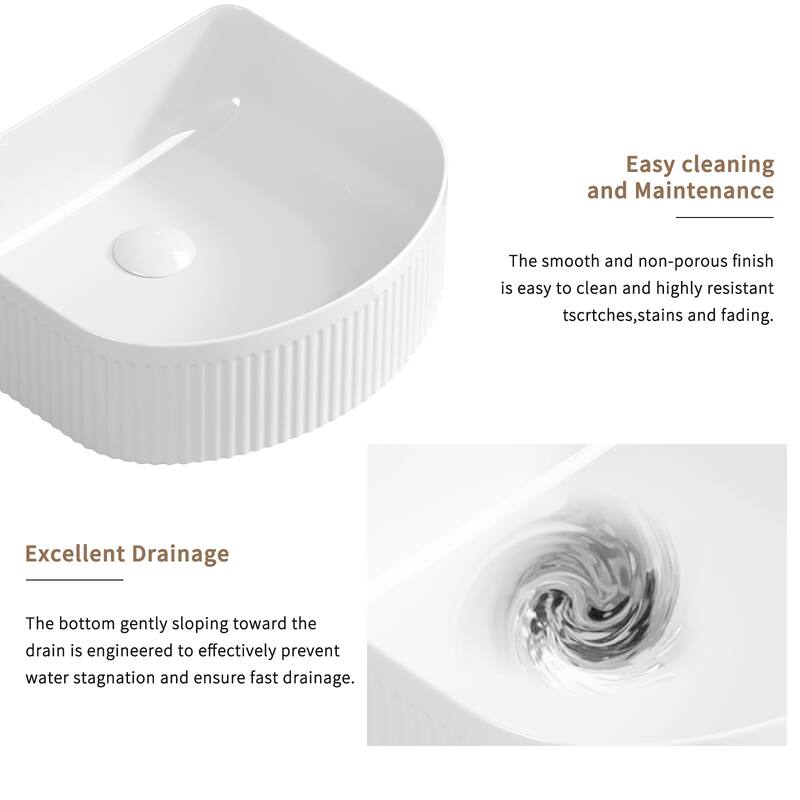 GDFStudio - Adrian Porcelain Vessel Sink with Modern Countertop Bathroom Basin Design - Milk White - Quarter-circle