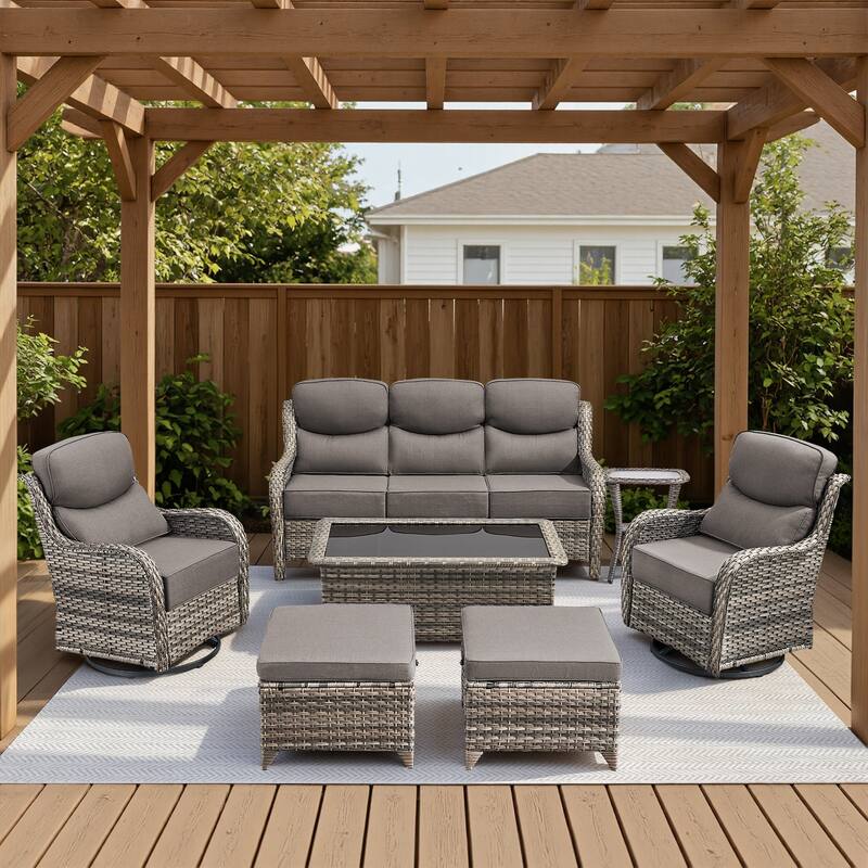 Meyreso 7-Piece Wicker Patio Conversation Set with Swivel Gliders and 6-Inch Thick Cushions - 7-Piece - Gray/Gray