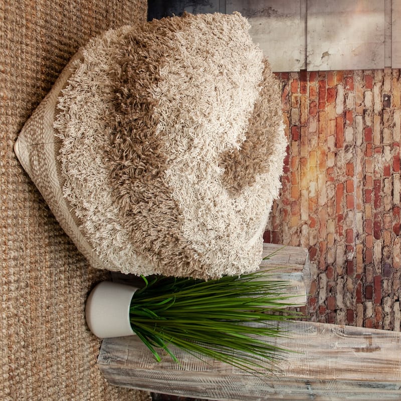 Striped Pouf Ottoman - 18" - Beige and Brown