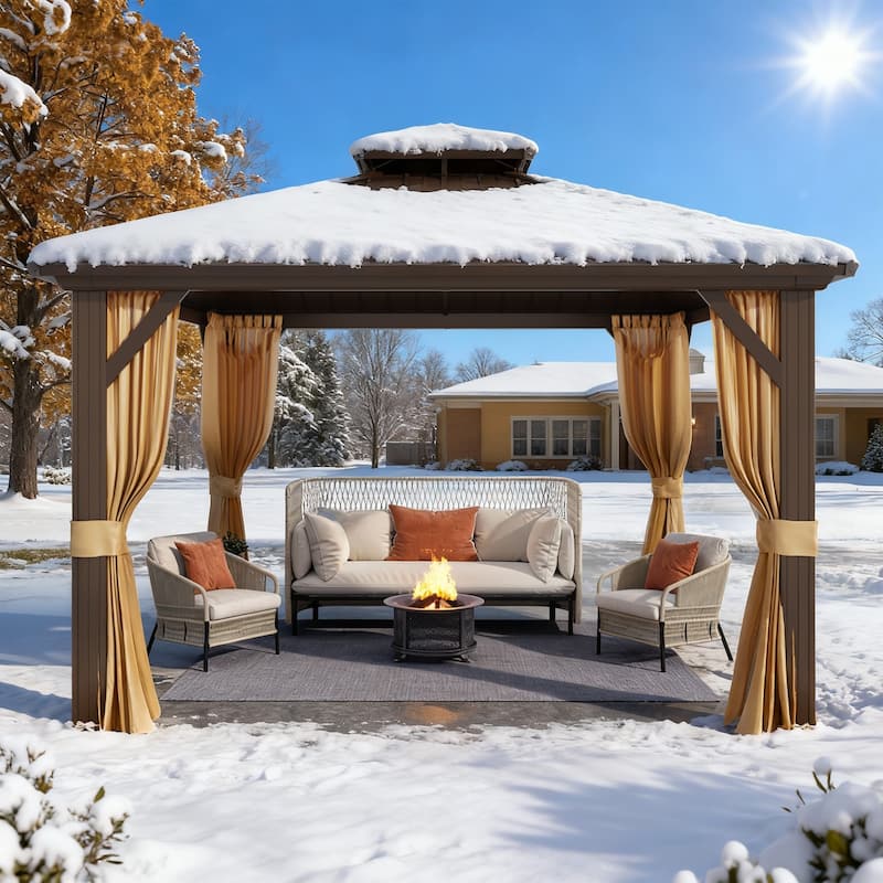 Erommy Hardtop Gazebo with Galvanized Steel Double Roof & Aluminum Frame, Outdoor Gazebo with Curtains and Nettings