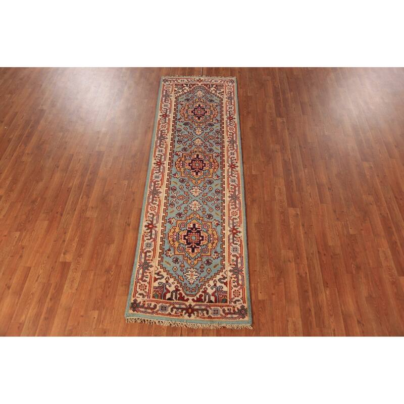 Light Blue Heriz Serapi Indian Runner Rug Hand-Knotted Wool Carpet - 2'5"x 8'0"