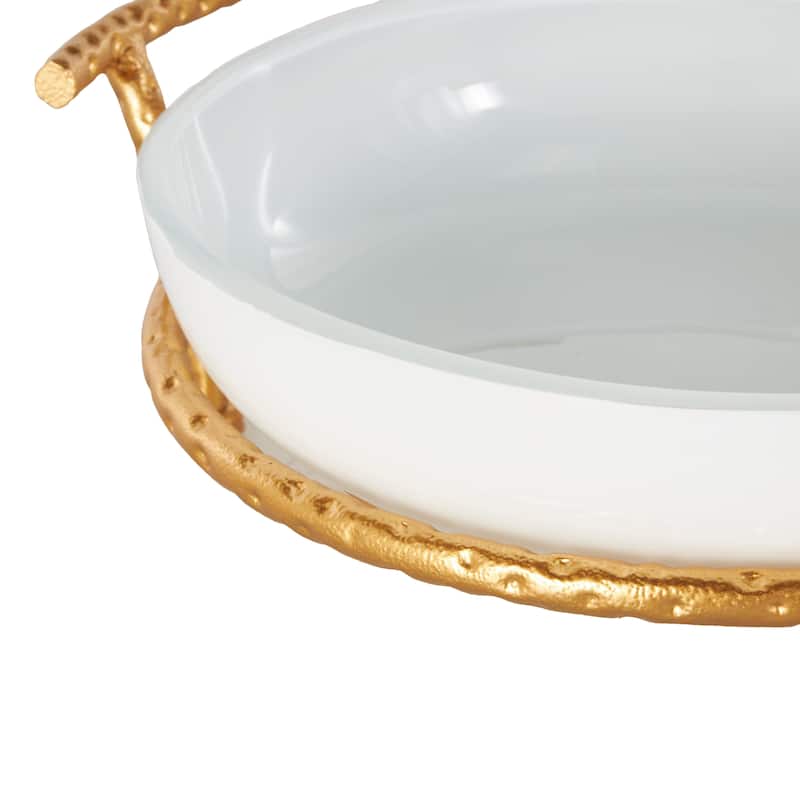 Tempered Glass Kitchen Serving Bowl with Gold Metal Stand - White - Roche River Decor - 12"W x 15"L x 5"H