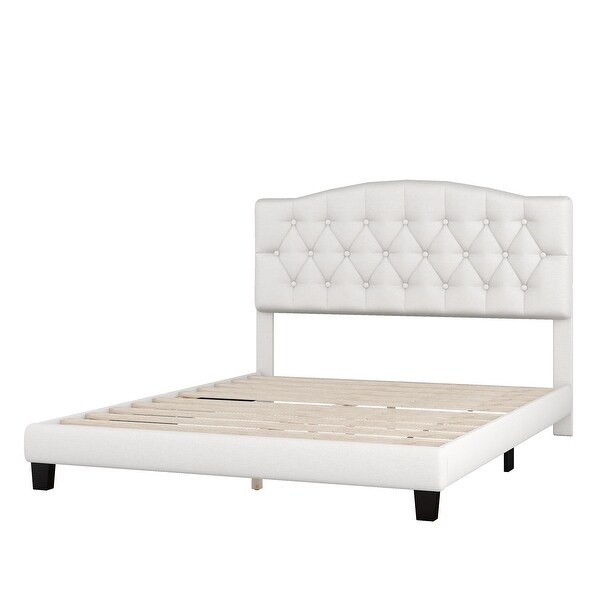 White Padded Bed Frame with Diamond Tufted Headboard