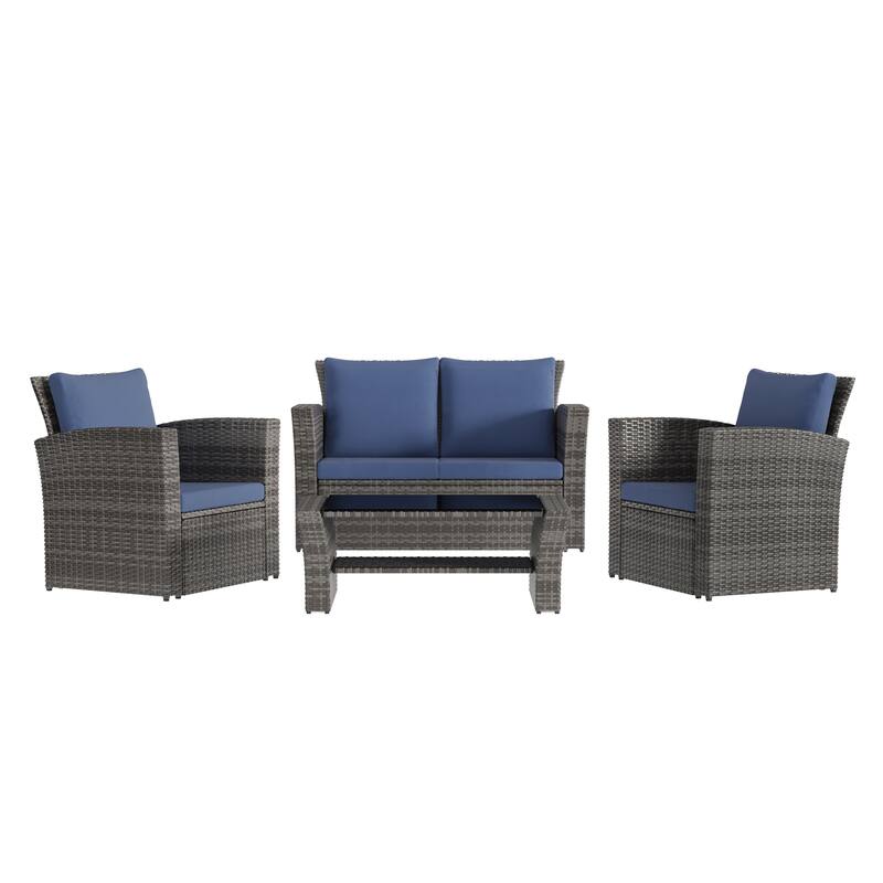 4 Piece Patio Wicker Furniture Set, Outdoor Rattan Sectional Sofa Set with Tempered Glass Coffee Table and Cushions