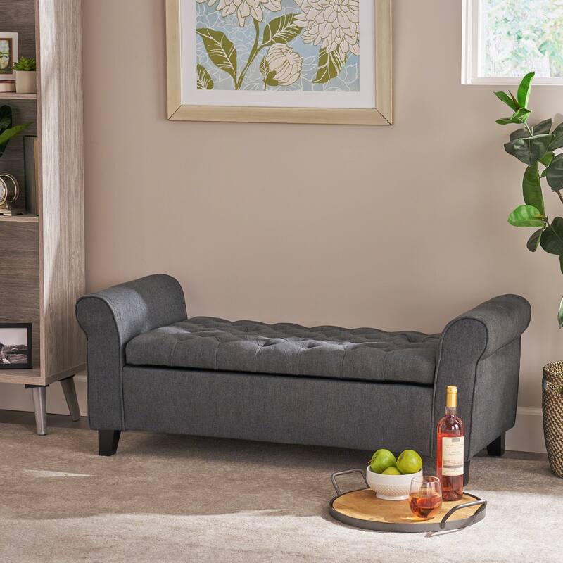 Leisure Bench Gray Indoor Bench with Armrests, Upholstered End of Bed Bench with Safety Hinges for Bedroom Mudroom