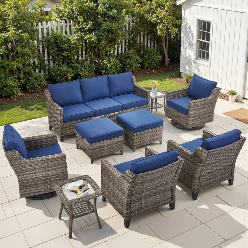 Pocassy Outdoor Patio Furniture Wicker Sofa Swivel Chair Set - Grey Wicker Blue Cushion - 9 Pieces Sofa Chair Table with Ottoman