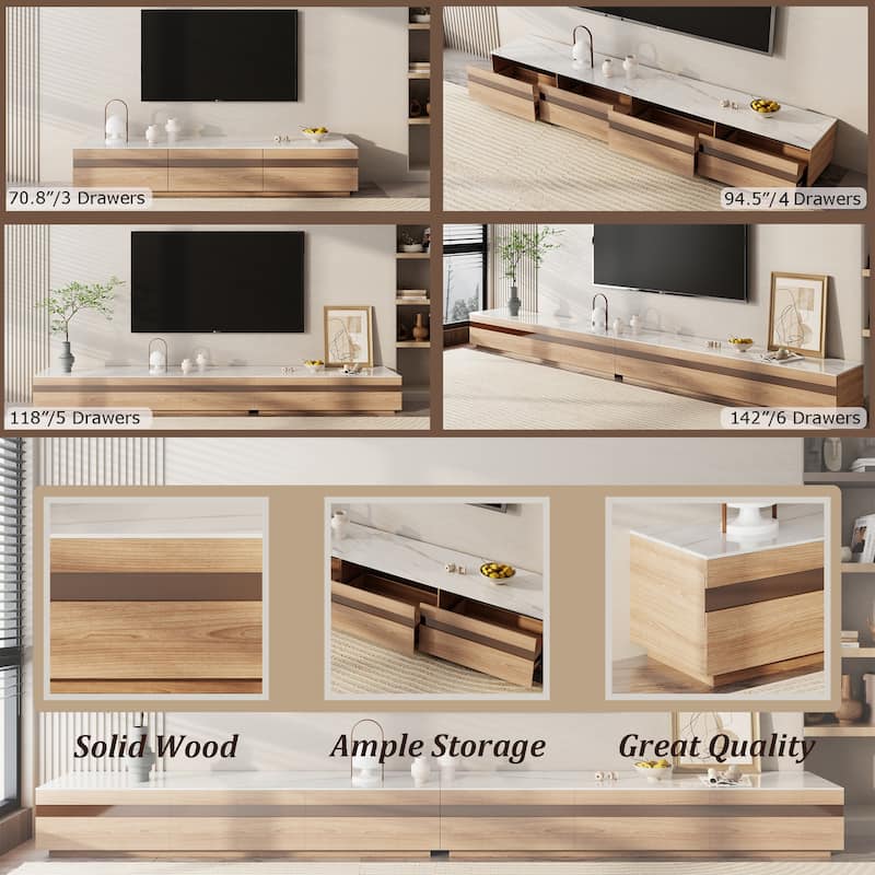 Modern Light Wood TV Stands, Glossy Stone Table-top, 3-6Drawers, Fully Assembled