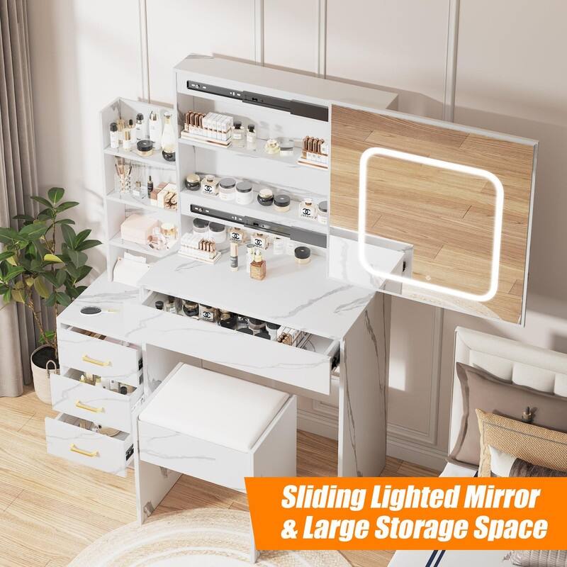 Vanity Desk with Sliding Mirror, Charging Station, 4 Drawers, Shelves, Stool