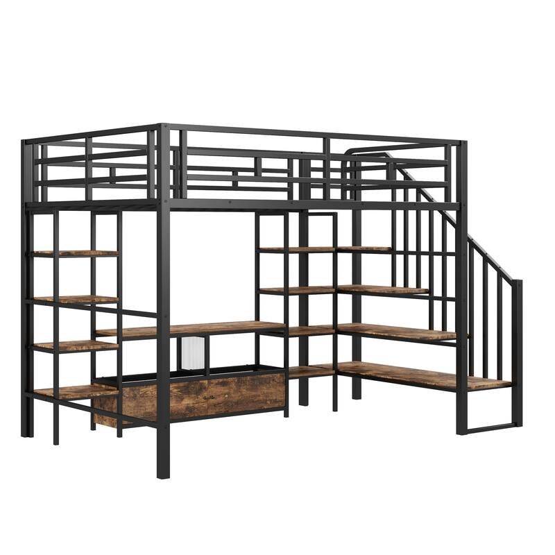 Full Size Metal Loft Bed with Staircase, Storage Table, and Shelves, Black