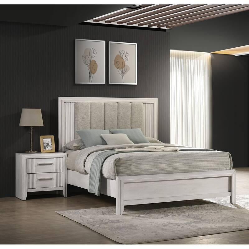 Queen Size Upholstered Bed with Plush Headboard in Mist White Finish