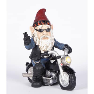 9.25" Biker Gnome Giving a Peace Sign Garden Statue