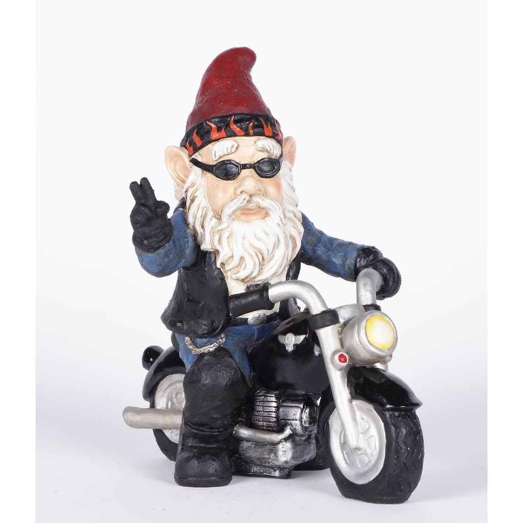 9.25" Biker Gnome Giving a Peace Sign Garden Statue