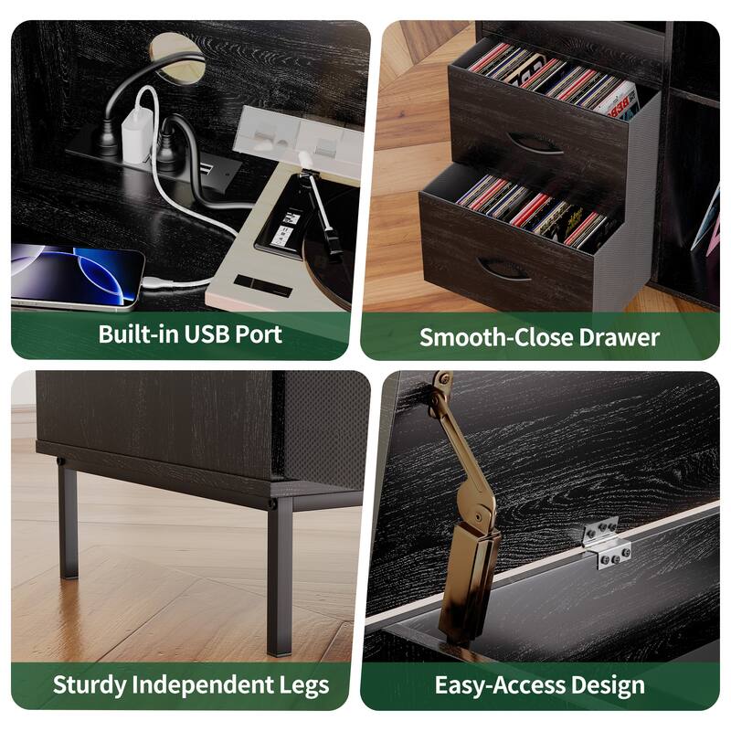 Record Player Stand with Power Outlet & Flip-Down Lid,Turntable Table with Storage,Media Console with 2 Drawers