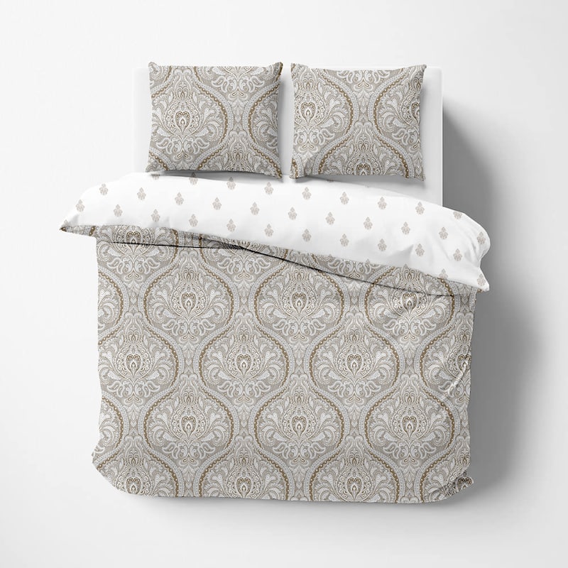 Delara GOTS Certified 100% Organic Cotton Damask Reversible Print Duvet Cover and Sham Set of 2