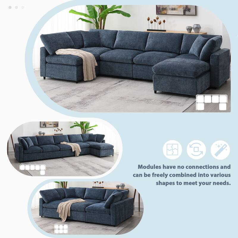 130*65" Modular Cloud Sofa Bed, 6 - Seat Chenille Sectional with Ottoman, Convertible U - Shaped Sleeper, Dark Blue