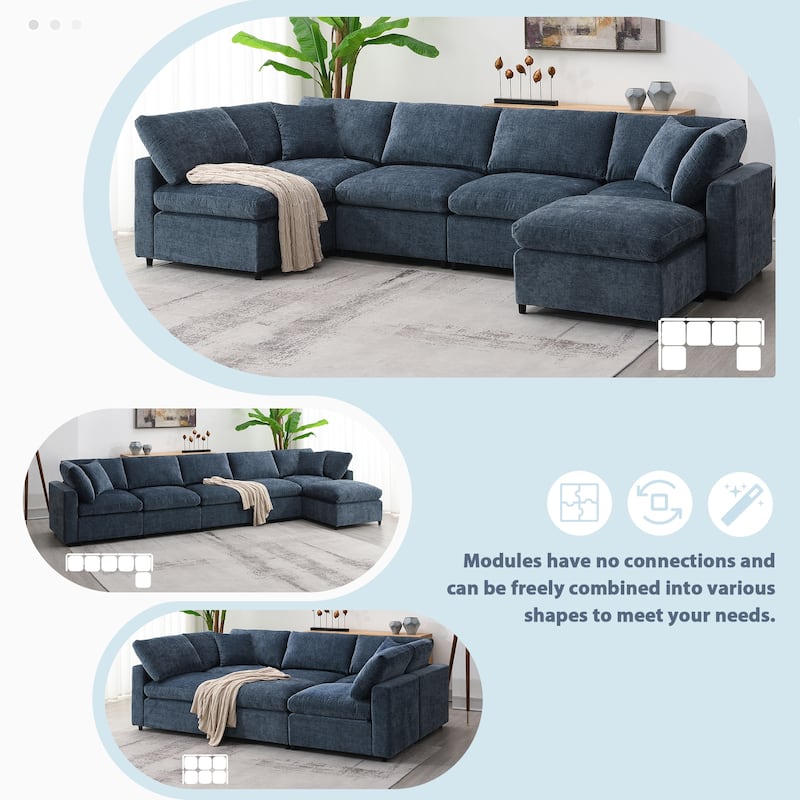 Modular 6-Seat Chenille Sectional Sofa Bed with Ottoman, Convertible U-Shape,Dark Blue
