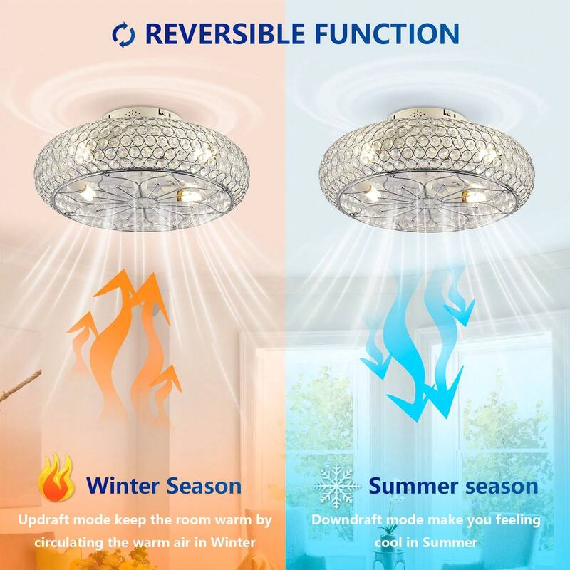 20'' Modern Flush Mount Crystal Ceiling Fans with Remote, 6 Speeds DC Motor Reversible Chandelier Ceiling Fan For Bedroom