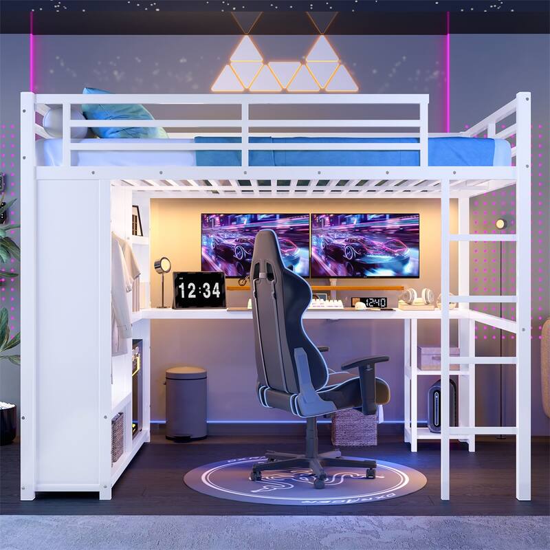 Queen Size Loft Bed Frame with Built-in Wardrobe,Metal Loft Bed w/Desk