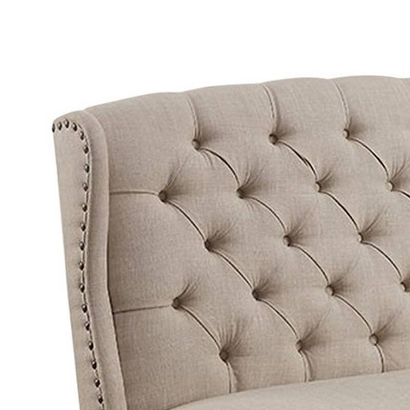 Fabric Upholstered Wing back Bench with Sturdy Wooden Legs, Beige and Black