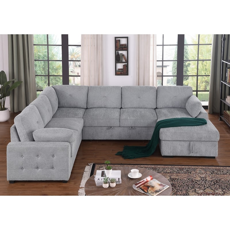 Convertible Pull-out Sectional Sofa Loveseat Sleeper with Storage and Pillows - Light Grey