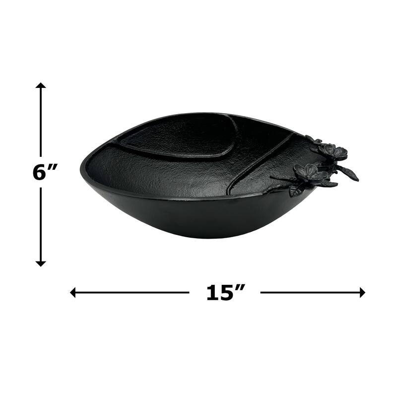 15 Inch Wide Decorative Handmade Aluminum Oval Bowl with Flower in Black - 15 x 10 x 6 in