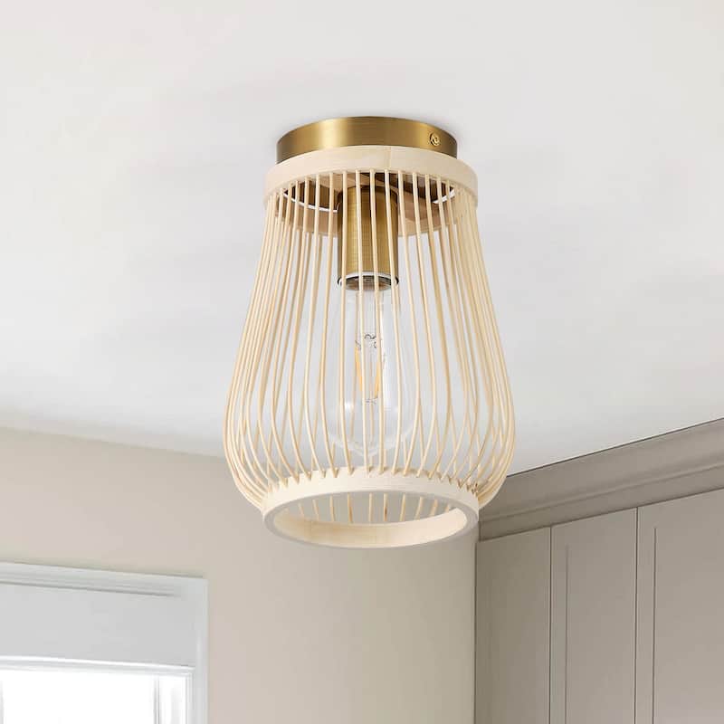 Farmhouse Brushed Gold Metal 1-Light Rattan Flush Mount Ceiling Light for Bedroom Kitchen Hallway - Gold