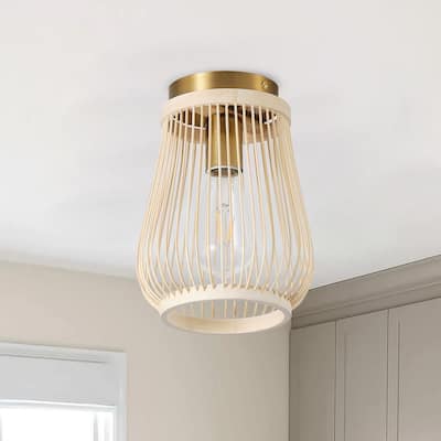Farmhouse Brushed Gold Metal 1-Light Rattan Flush Mount Ceiling Light for Bedroom Kitchen Hallway